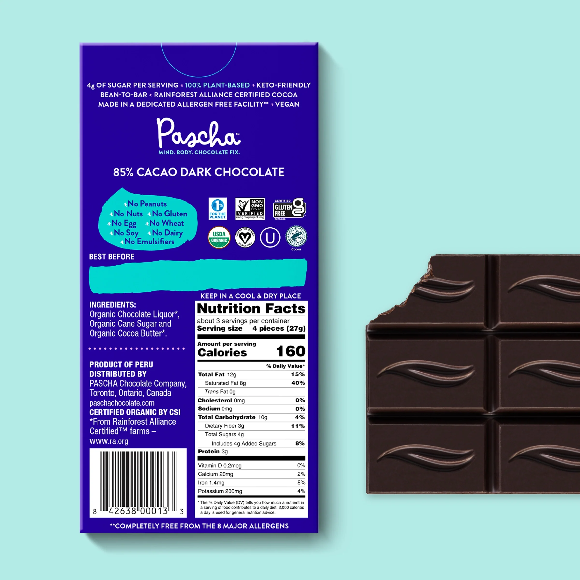 85% Cacao Organic Vegan Dark Chocolate Bar (10 Bar Pack) - Image 3
